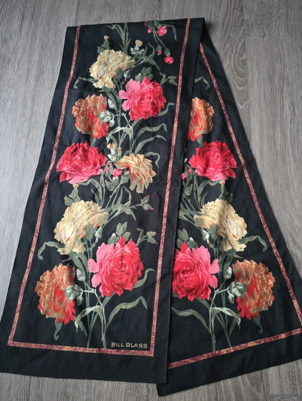Vintage Bill Blass Oblong Scarf Black Floral Peony Rose Print Long 54 x 13 90s